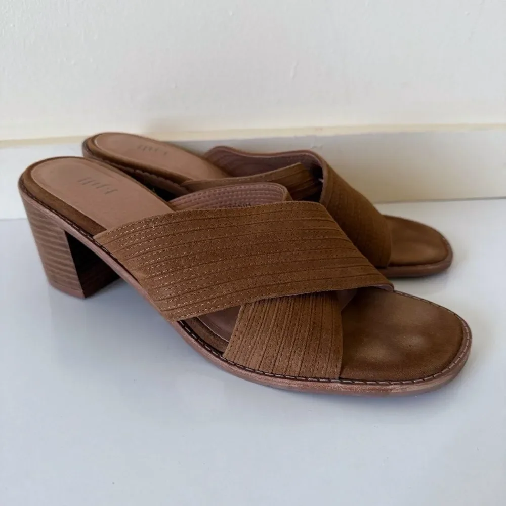 J.JILL Slide Block Heel Womens Sandals Sz 9.5 brown Wide X Strap Minimalist